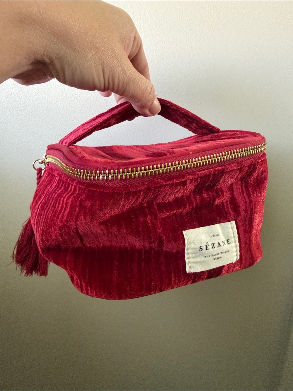 Madewell Velvet Cosmetic Bag in Wine Red with Gold Zipper